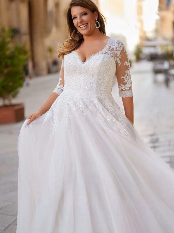 Elegant Tulle Wedding Dresses Plus Size V Neck 3/4 Sleeves Bride Gowns Back Lace Up Sweep Train A-Line Vestido De Noiva 2025 - immagine 3