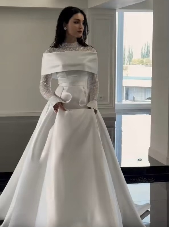 SoDigne A-line Satin Wedding Dresses High Neck Full Sleeves Bridal Dress Beading Long Wedding Gown Robe De Mairee Customized 2 SoDigne A-line Satin Wedding Dresses High Neck Full Sleeves Bridal Dress Beading Long Wedding Gown Robe De Mairee Customized - immagine 2