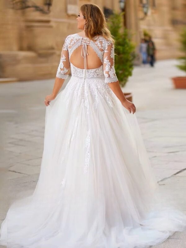 Elegant Tulle Wedding Dresses Plus Size V Neck 3/4 Sleeves Bride Gowns Back Lace Up Sweep Train A-Line Vestido De Noiva 2025 - immagine 2