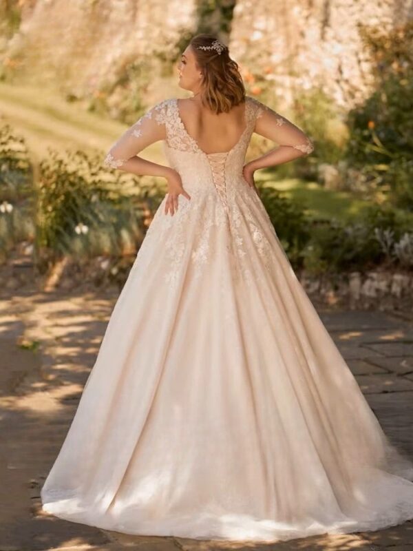 Customized Wedding Dresses Plus Size V Neck 3/4 Sleeves Bride Gowns Appliques Lace up Sweep Train Tulle A-Line Robe De PSL98009 - immagine 2