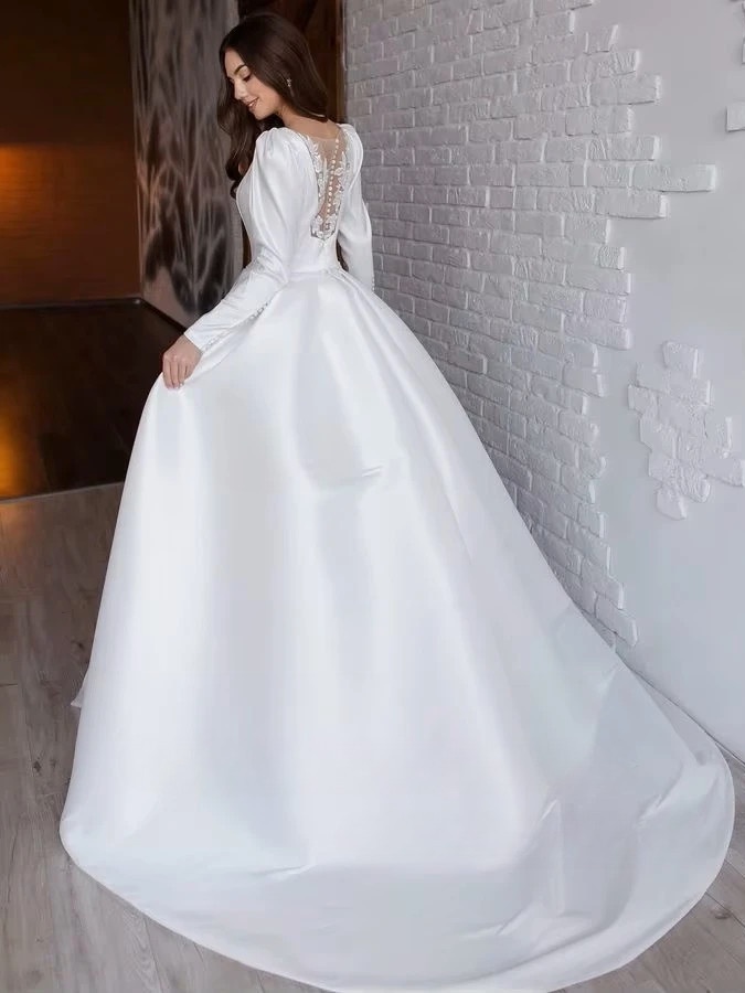 SoDigne A-line Satin Simple Wedding Dresses O-neck Full Sleeves Appliques Bridal Dress Long Bridal Gown 2025 Customized 2 SoDigne A-line Satin Simple Wedding Dresses O-neck Full Sleeves Appliques Bridal Dress Long Bridal Gown 2025 Customized - immagine 2