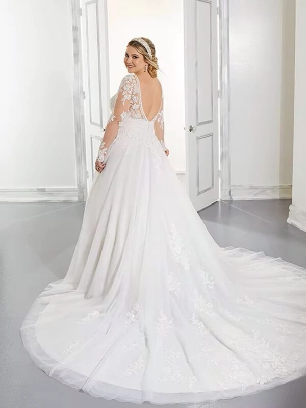 Customized Wedding Dresses Plus Size V-Neck Short Sleeves Bride Gowns Lace Applique A-Line Tulle Sweep Train Robe De Mariée - immagine 2