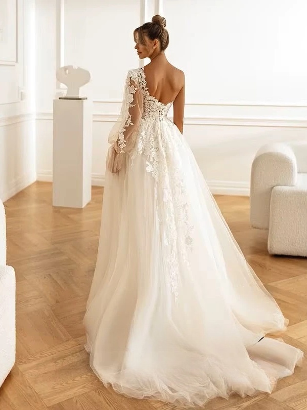 SoDigne A-line Tulle Appliques Wedding Dresses One Shloudler Split Bridal Dress Long Wedding Gown Robe De Mairee Customized  2 SoDigne A-line Tulle Appliques Wedding Dresses One Shloudler Split Bridal Dress Long Wedding Gown Robe De Mairee Customized  - immagine 2