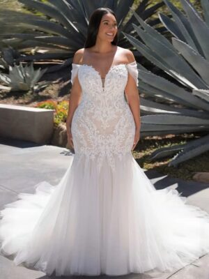 Sweetheart Wedding Dresses Plus Size Off the Shoulder Bride Gowns Appliques Sweep Train Mermaid Vestido De Novia PSL98001