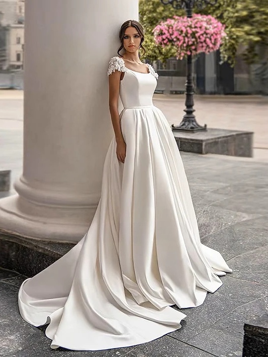 SoDigne Satin Wedding Dress For Women Elegant Cap Sleeves Scoop Neck Flowers Women A-Line Bridal Gown With Pockets Customized 3 SoDigne Satin Wedding Dress For Women Elegant Cap Sleeves Scoop Neck Flowers Women A-Line Bridal Gown With Pockets Customized - immagine 3