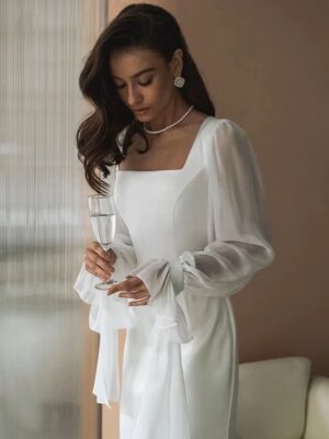 SoDigne Simple Wedding Dresses Square Neck Puff Sleeves Bodycon Satin Bride Dresses Vintage Bridal Gown Floor length Customized 7 A297107452471466b8b7d787362ff3b1b9