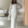 SoDigne Simple Wedding Dresses Square Neck Puff Sleeves Bodycon Satin Bride Dresses Vintage Bridal Gown Floor length Customized 7 A32fd7fad86af4ad09b8f37e2d832486dZ Cropped