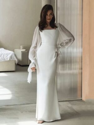 SoDigne Simple Wedding Dresses Square Neck Puff Sleeves Bodycon Satin Bride Dresses Vintage Bridal Gown Floor length Customized