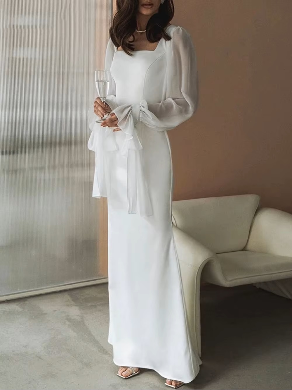 SoDigne Simple Wedding Dresses Square Neck Puff Sleeves Bodycon Satin Bride Dresses Vintage Bridal Gown Floor length Customized 2 SoDigne Simple Wedding Dresses Square Neck Puff Sleeves Bodycon Satin Bride Dresses Vintage Bridal Gown Floor length Customized - immagine 2