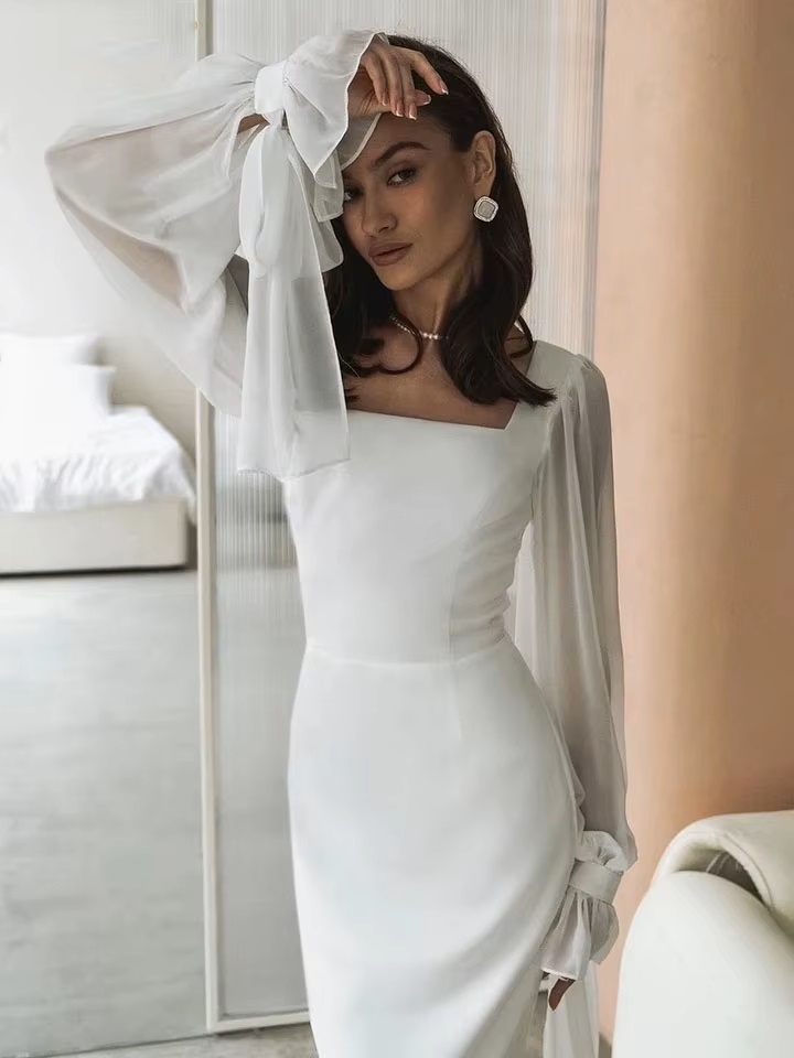 SoDigne Simple Wedding Dresses Square Neck Puff Sleeves Bodycon Satin Bride Dresses Vintage Bridal Gown Floor length Customized 3 SoDigne Simple Wedding Dresses Square Neck Puff Sleeves Bodycon Satin Bride Dresses Vintage Bridal Gown Floor length Customized - immagine 3