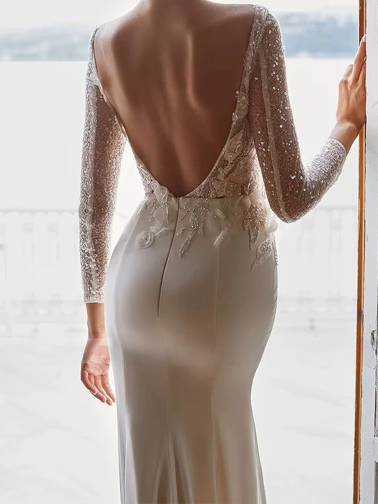 Modern Mermaid Wedding Dresses Women O-Neck Long Sleeves Backless Lace Applique Vestido De Novia Shiny Bridal Gowns Customized 2 Modern Mermaid Wedding Dresses Women O-Neck Long Sleeves Backless Lace Applique Vestido De Novia Shiny Bridal Gowns Customized - immagine 2