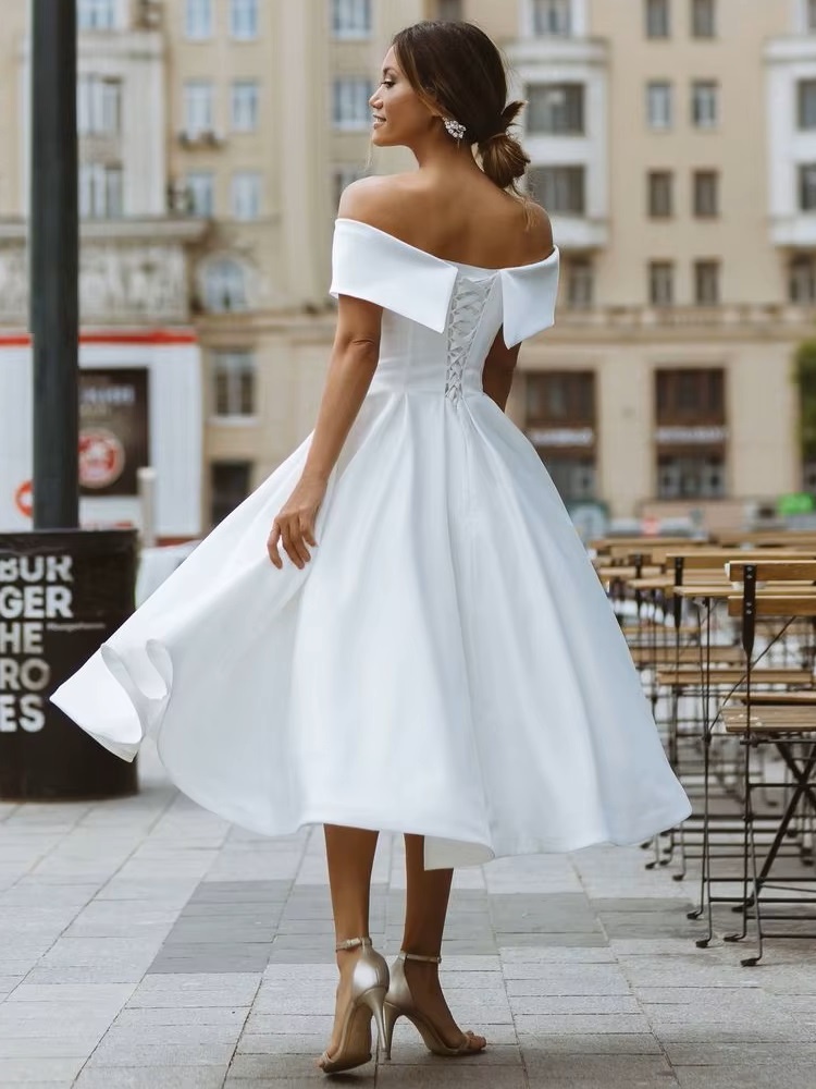 LORIE Simple Tea-length Wedding Dress Off the shoulder White Ivory Satin A-line Short Bride Gowns Beach Customized Wedding Gown 2 LORIE Simple Tea-length Wedding Dress Off the shoulder White Ivory Satin A-line Short Bride Gowns Beach Customized Wedding Gown - immagine 2