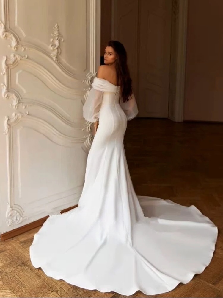 Elegant Sweetheart Wedding Dress Women Mermaid Long Sleeve White Off The Shoulder Bridal Gown Train Vestido De Novia Customized 2 Elegant Sweetheart Wedding Dress Women Mermaid Long Sleeve White Off The Shoulder Bridal Gown Train Vestido De Novia Customized - immagine 2