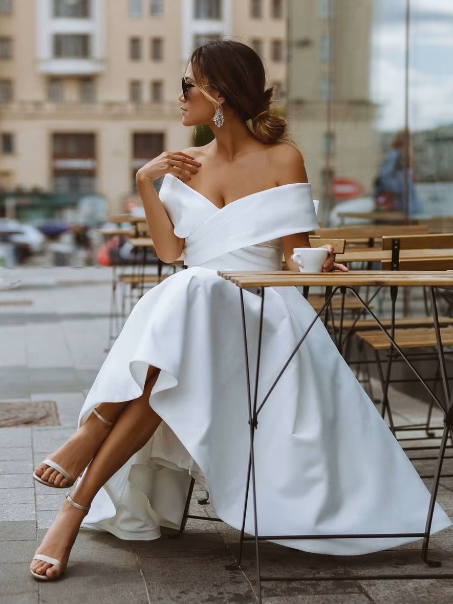 LORIE Simple Tea-length Wedding Dress Off the shoulder White Ivory Satin A-line Short Bride Gowns Beach Customized Wedding Gown 3 LORIE Simple Tea-length Wedding Dress Off the shoulder White Ivory Satin A-line Short Bride Gowns Beach Customized Wedding Gown - immagine 3