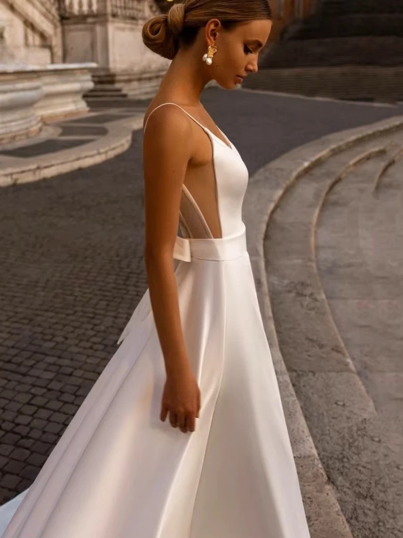 Elegant Wedding Dress For Woman Sweetheart-Neck A-Line Spaghetti Straps Open Back Bride Gown Train Vestidos De Novia Customized 4 Elegant Wedding Dress For Woman Sweetheart-Neck A-Line Spaghetti Straps Open Back Bride Gown Train Vestidos De Novia Customized - immagine 4