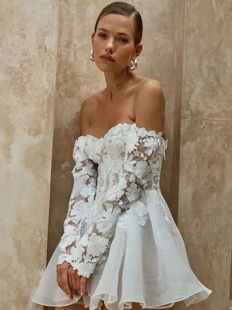 Civil Short Boho Wedding Dresses Appliques Half Sleeve sweetheart Mini Wedding Gowns For Bride Floral Print Robe 2025 Customized 3 Civil Short Boho Wedding Dresses Appliques Half Sleeve sweetheart Mini Wedding Gowns For Bride Floral Print Robe 2025 Customized - immagine 3