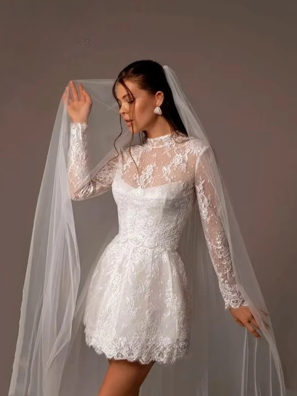 Vintage A-Line Lace Appliques Mini Wedding Dress For Women Simple High Neck Illusion Long Sleeves Gown Short Dress Customized 2 Vintage A-Line Lace Appliques Mini Wedding Dress For Women Simple High Neck Illusion Long Sleeves Gown Short Dress Customized - immagine 2