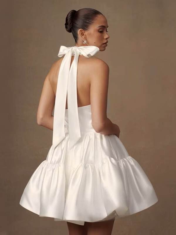 Simple Ivory Satin Mini Wedding Dress Sleeveless Pleat Halter Ball Gown Sexy Backless with Lace Up Short Bride Dress Customized 2 Simple Ivory Satin Mini Wedding Dress Sleeveless Pleat Halter Ball Gown Sexy Backless  with Lace Up Short Bride Dress Customized - immagine 2