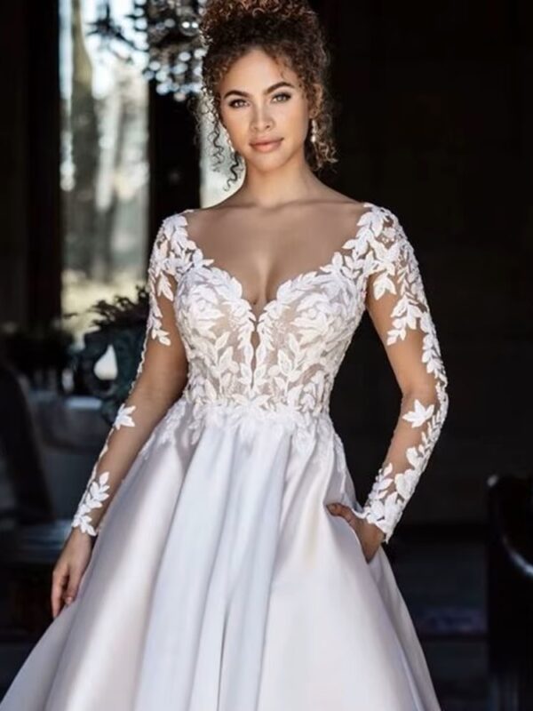SoDigne Backless Boho Wedding Dresses With Pockets Long Sleeves V Neck Lace Bridal Dress Satin Bride Gowns Customized - immagine 3