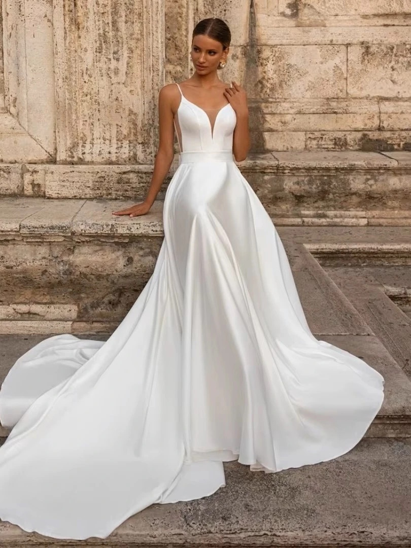 Elegant Wedding Dress For Woman Sweetheart-Neck A-Line Spaghetti Straps Open Back Bride Gown Train Vestidos De Novia Customized 3 Elegant Wedding Dress For Woman Sweetheart-Neck A-Line Spaghetti Straps Open Back Bride Gown Train Vestidos De Novia Customized - immagine 3