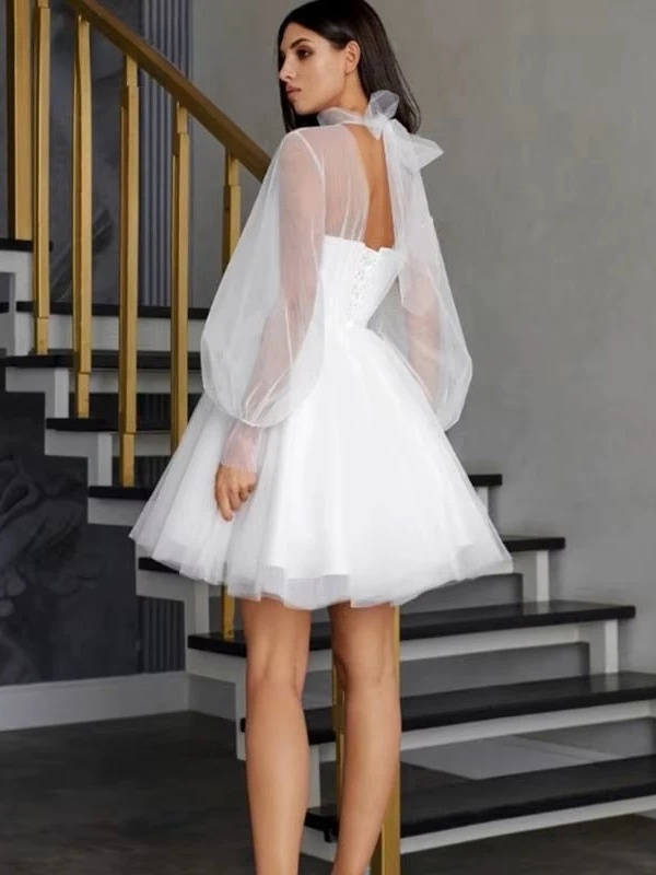 White Short Wedding Dresses for Women 2025 Bride A Line Wedding Gown Long Puff Sleeve Illusion High Collar Sweetie Customized 2 White Short Wedding Dresses for Women 2025 Bride A Line Wedding Gown Long Puff Sleeve Illusion High Collar Sweetie Customized - immagine 2