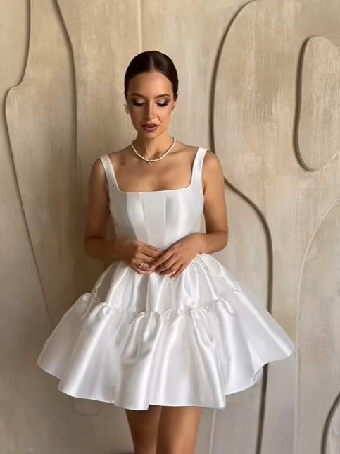 SoDigne Simple Short Wedding Dresses A-line Square Collar Bride Dress Mini Satin Bridal Gown Vestido De Noiva Customized 1 SoDigne Simple Short Wedding Dresses A-line Square Collar Bride Dress Mini Satin Bridal Gown Vestido De Noiva Customized