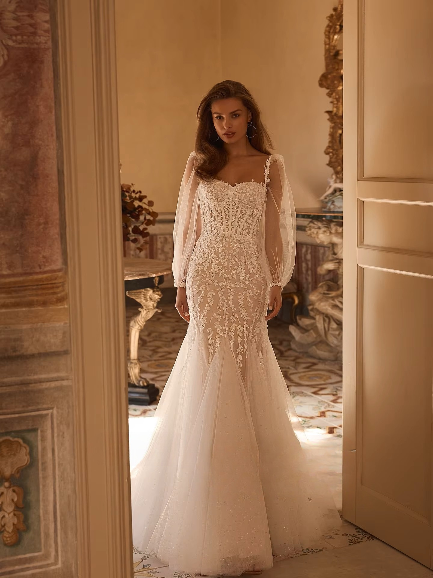 SoDigne Mermaid Tulle Appliques Bride Dresses Sweetheart Full Sleeves Wedding Dress Bridal Gowns vestidos de novia Customized 3 SoDigne Mermaid Tulle Appliques Bride Dresses Sweetheart Full Sleeves Wedding Dress Bridal Gowns vestidos de novia Customized - immagine 3