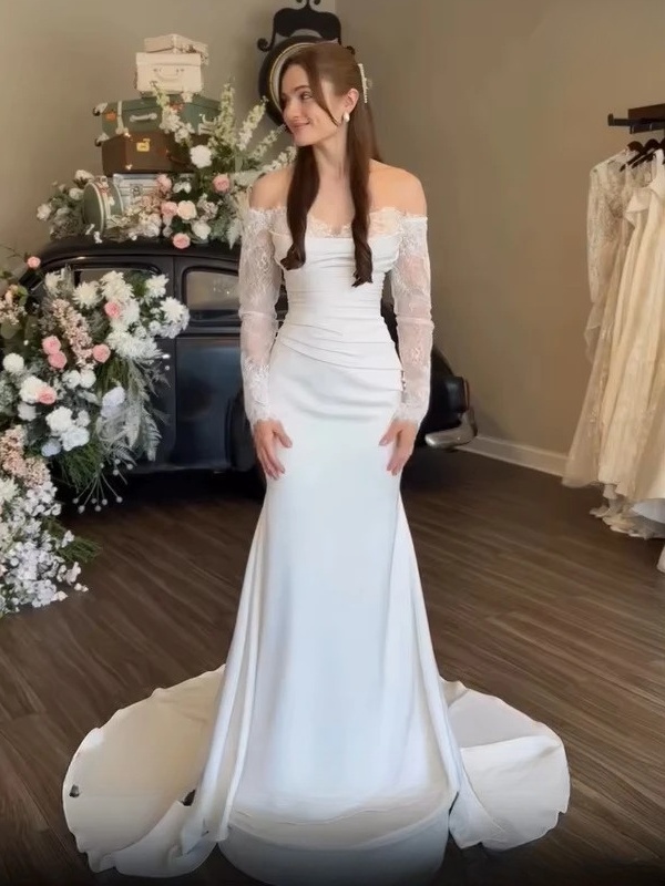 SoDigne Mermaid Satin/Lace Wedding Dresses Off Shoulder Long Sleeves Bridal Dress 2026 Bride Gown vestidos de novia Customized 3 SoDigne Mermaid Satin/Lace Wedding Dresses Off Shoulder Long Sleeves Bridal Dress 2026 Bride Gown vestidos de novia Customized - immagine 3