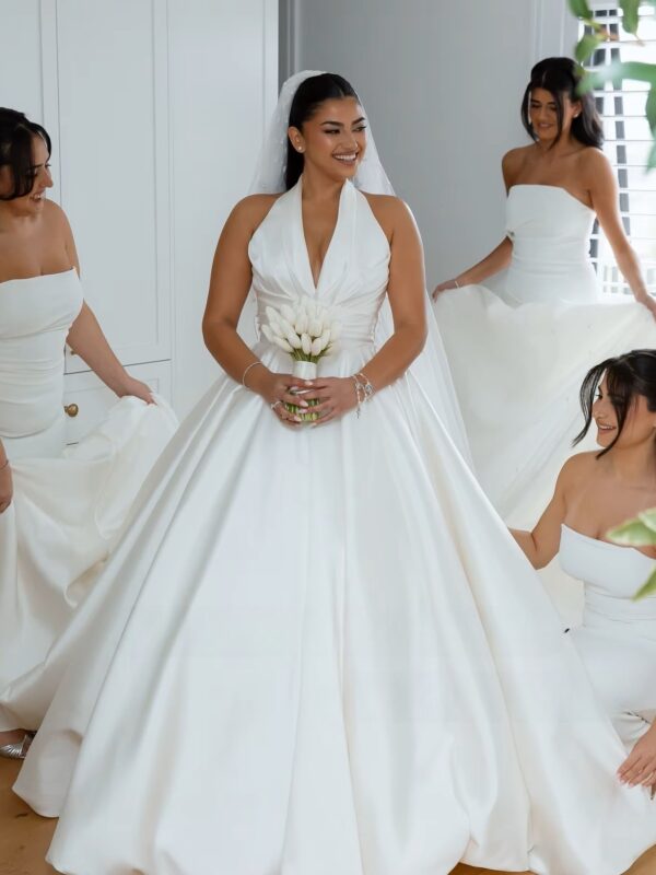 SoDigne A-line Satin Simple Wedding Dresses Sleeveless Halter Bridal Dress Long Wedding Gown Robe De Mairee ﻿Customized - immagine 4