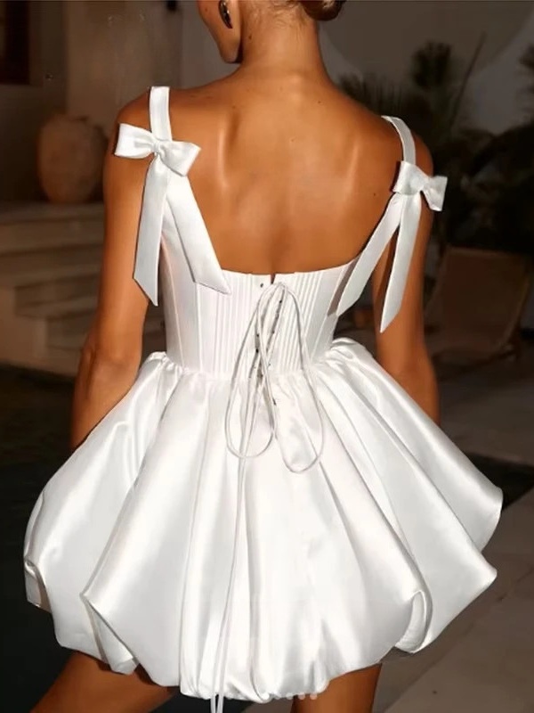 Simple Square Collar Satin Mini Wedding Dress Spaghetti Straps Ball Gowns 2025 Pleat Bow Backless Lace Up Short Gowns Customized 2 Simple Square Collar Satin Mini Wedding Dress Spaghetti Straps Ball Gowns 2025 Pleat Bow Backless Lace Up Short Gowns Customized - immagine 2