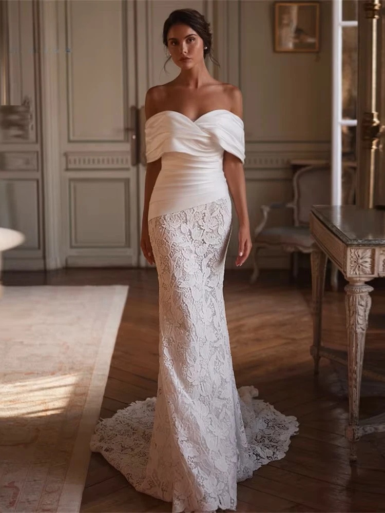 BIGDAY Luxury Lace Mermaid Wedding Dress Women Off The Shoulder Pleat Open Back V-Neck Bridal Gown Vestido De Noiva Customized 1 BIGDAY Luxury Lace Mermaid Wedding Dress Women Off The Shoulder Pleat Open Back V-Neck Bridal Gown Vestido De Noiva Customized