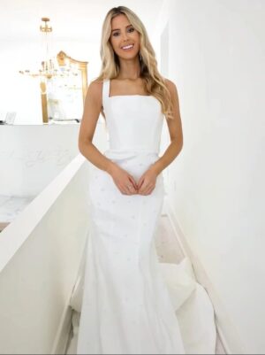 SoDigne Simple Mermaid Satin Wedding Dresses Square Collar Sleeveless Pearls Long Bridal Dress 2025 Customized Wedding Gown