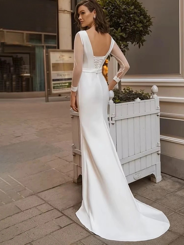 Elegant Long Sleeve Wedding Dress 2025 Mermaid Open Back Satin Backless O-Neck Bridal Gown Lace Up Vestido De Novia Customized 2 Elegant Long Sleeve Wedding Dress 2025 Mermaid Open Back Satin Backless O-Neck Bridal Gown  Lace Up Vestido De Novia Customized - immagine 2