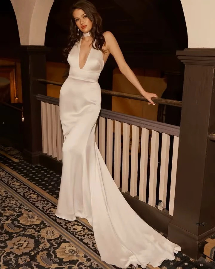 SoDigne Mermaid Simple Satin Wedding Dresses Halter Sleeveless Bridal Dress Long Bride Gown vestidos de novia Customized 1 SoDigne Mermaid Simple Satin Wedding Dresses Halter Sleeveless Bridal Dress Long Bride Gown vestidos de novia Customized