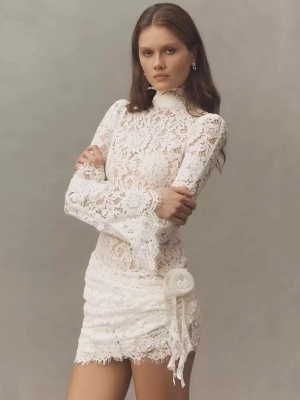 Classic Lace Appliques Mini Wedding Dresses Sexy Sheath Long Sleeves High Neck Bride Dress Anove Knee Pleat Lace Up Customized 3 Classic Lace Appliques Mini Wedding Dresses Sexy Sheath Long Sleeves High Neck Bride Dress Anove Knee Pleat Lace Up Customized - immagine 3