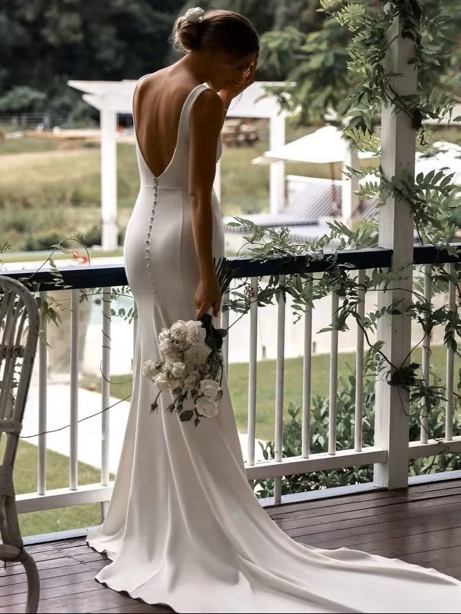 SoDigne Satin Simple Mermaid Wedding Dresses V-neck Sleeveless Elegant Bridal Dress Split Long Bride Gown vestidos de novia 2 SoDigne Satin Simple Mermaid Wedding Dresses V-neck Sleeveless Elegant Bridal Dress Split Long Bride Gown vestidos de novia - immagine 2