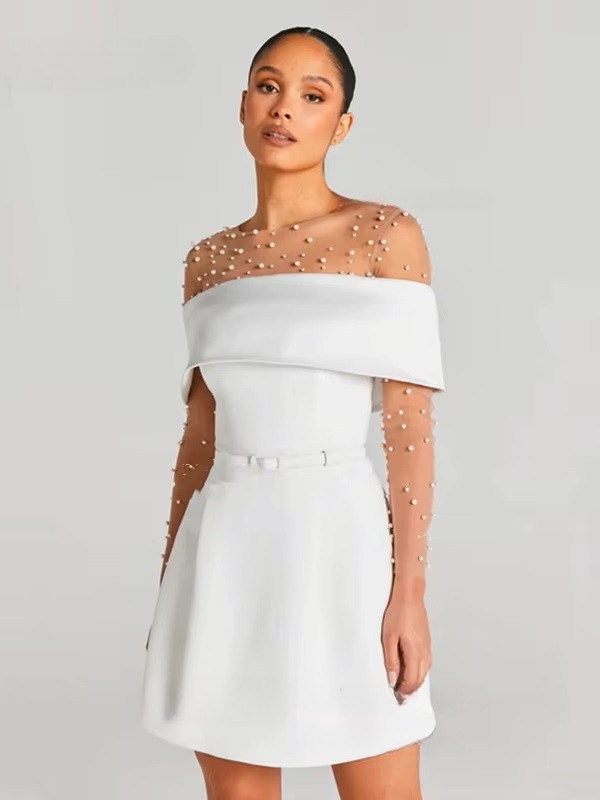 Customized Modern Mini Satin Wedding Dresses Sexy Boat Neck Pleat Pearls Long Sleeves Bride Dresses Sexy Backless Wedding Gowns 4 Customized Modern Mini Satin Wedding Dresses Sexy Boat Neck Pleat Pearls Long Sleeves Bride Dresses Sexy Backless Wedding Gowns - immagine 4