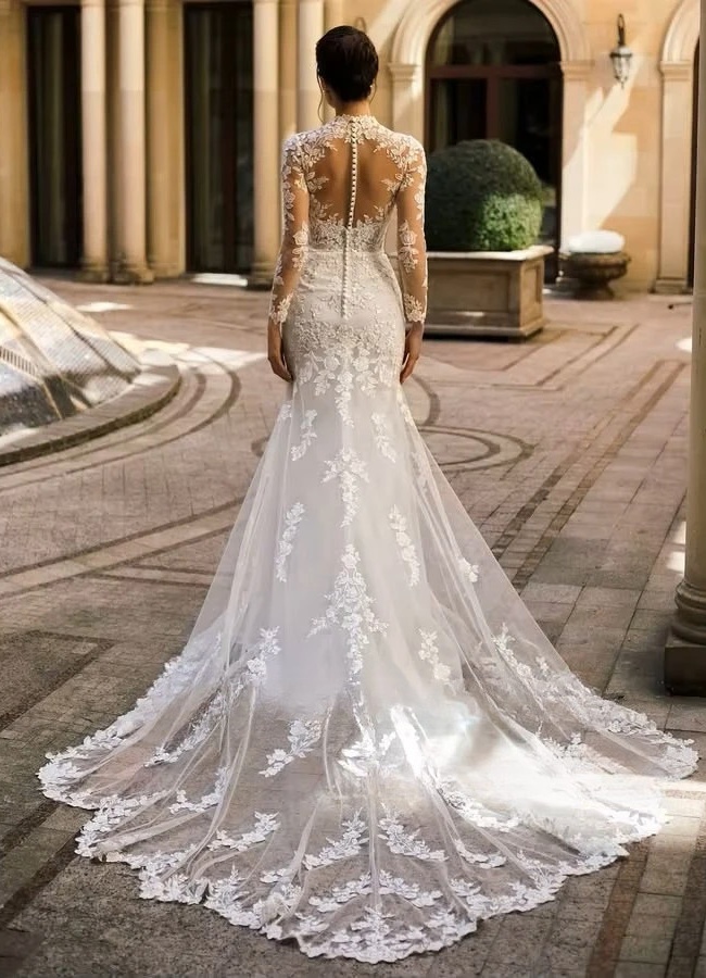SoDigne Mermaid Lace Appliques Wedding Dresses Tulle Full Sleeves Bridal Dress Long Bride Gown vestidos de novia Customized 2 SoDigne Mermaid Lace Appliques Wedding Dresses Tulle Full Sleeves Bridal Dress Long Bride Gown vestidos de novia Customized - immagine 2