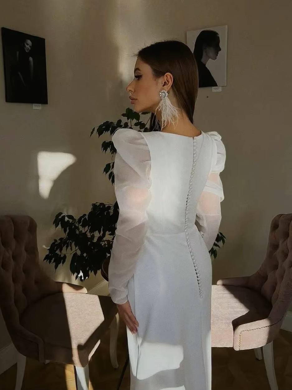 SoDigne Classic Satin Wedding Dresses Mermaid Puff Sleeves Square Neck Bridal Gown With Button Wedding Party Dress 4 SoDigne Classic Satin Wedding Dresses Mermaid Puff Sleeves Square Neck Bridal Gown With Button Wedding Party Dress - immagine 4