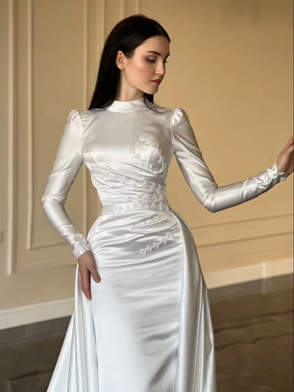 SoDigne Mermaid Satin Wedding Dresses High Neck Full Sleeves Bridal Dress Detachable Train Bride Gown Robe De Mairee Customized 2 SoDigne Mermaid Satin Wedding Dresses High Neck Full Sleeves Bridal Dress Detachable Train Bride Gown Robe De Mairee Customized - immagine 2