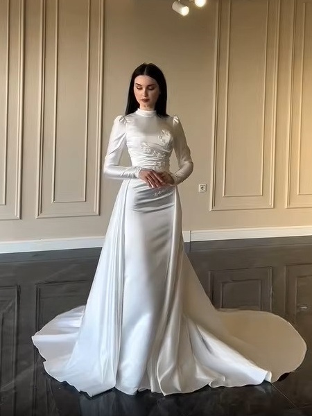 SoDigne Mermaid Satin Wedding Dresses High Neck Full Sleeves Bridal Dress Detachable Train Bride Gown Robe De Mairee Customized 1 SoDigne Mermaid Satin Wedding Dresses High Neck Full Sleeves Bridal Dress Detachable Train Bride Gown Robe De Mairee Customized