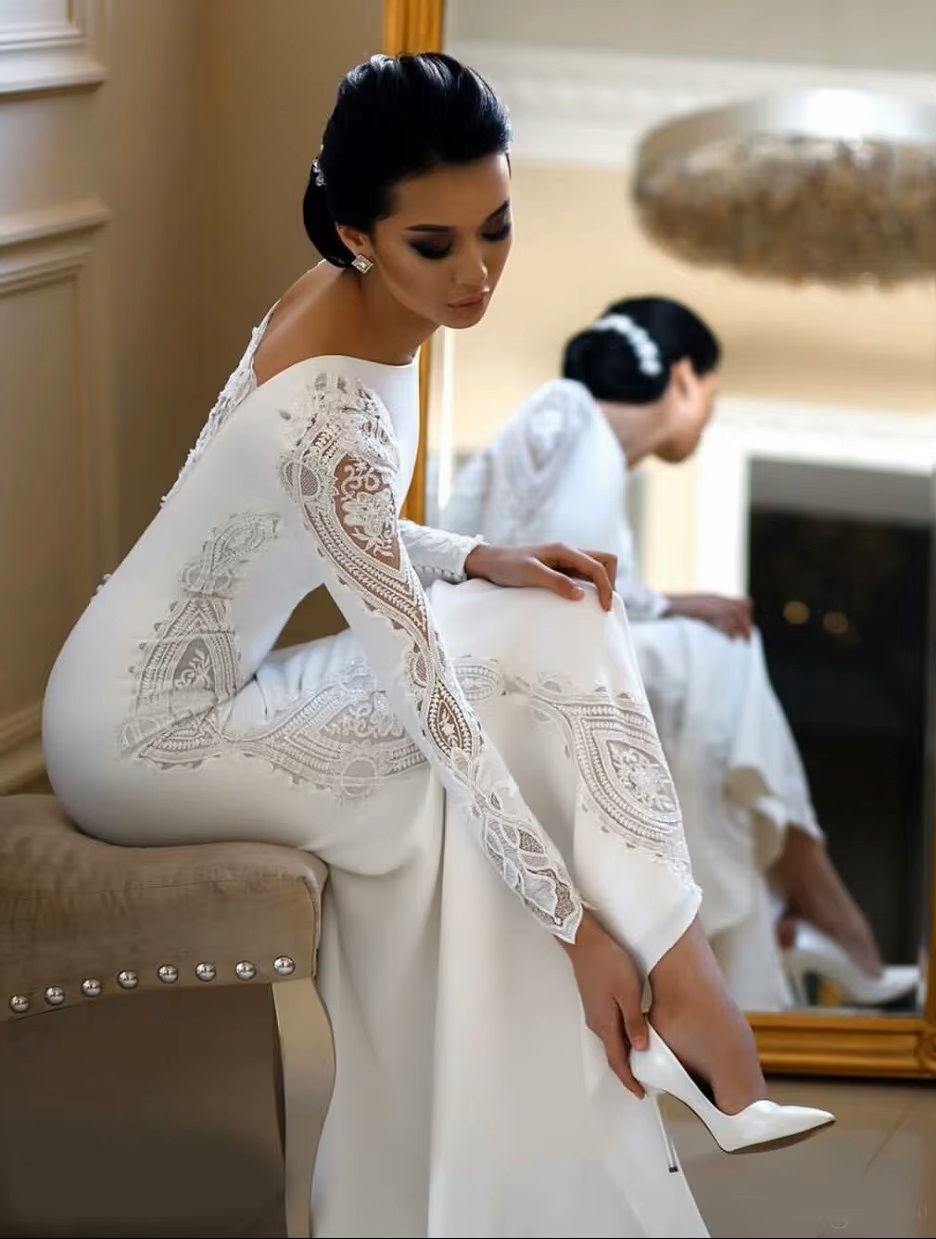 SoDigne Muslim Mermaid Satin Lace Wedding Dresses For Women 2023 Long Sleeves Arabic Bridal Dress Elegant Bride Gown Customized 3 SoDigne Muslim Mermaid Satin Lace Wedding Dresses For Women 2023 Long Sleeves Arabic Bridal Dress Elegant Bride Gown Customized - immagine 3