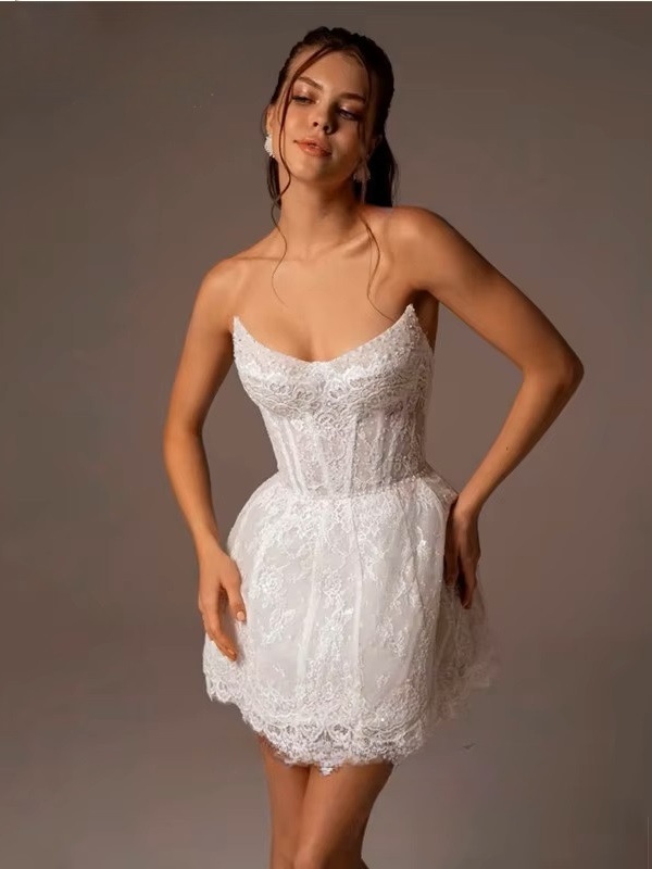 Vintage A-Line Lace Appliques Mini Wedding Dress For Women Simple High Neck Illusion Long Sleeves Gown Short Dress Customized 4 Vintage A-Line Lace Appliques Mini Wedding Dress For Women Simple High Neck Illusion Long Sleeves Gown Short Dress Customized - immagine 4