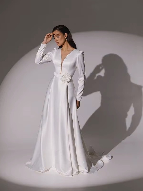 SoDigne A-line Elegant Wedding Dresses V-neck Full Sleeves Stain Bridal Dress Long Bridal Gown vestidos de novia 2025 Customized 2 SoDigne A-line Elegant Wedding Dresses V-neck Full Sleeves Stain Bridal Dress Long Bridal Gown vestidos de novia 2025 Customized - immagine 2