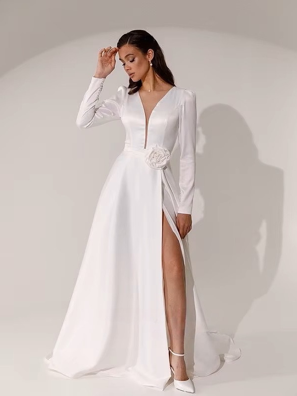 SoDigne A-line Elegant Wedding Dresses V-neck Full Sleeves Stain Bridal Dress Long Bridal Gown vestidos de novia 2025 Customized 4 SoDigne A-line Elegant Wedding Dresses V-neck Full Sleeves Stain Bridal Dress Long Bridal Gown vestidos de novia 2025 Customized - immagine 4