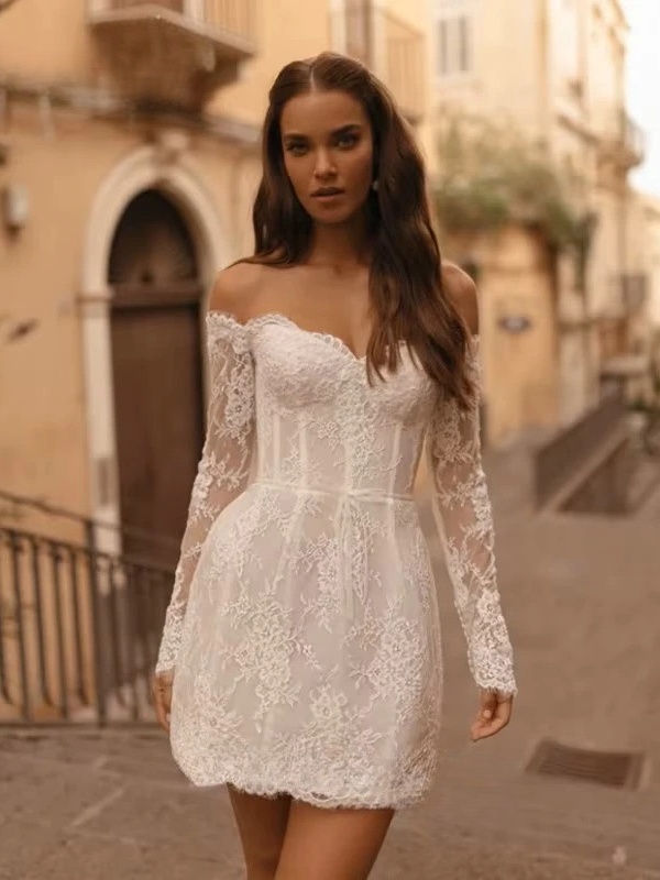 Boho Mermaid Mini Long Sleeves Wedding Dress Lace Appliques Sexy Strapless Pleated Open Back with Zipper Bridal Grown Customized 1 Boho Mermaid Mini Long Sleeves Wedding Dress Lace Appliques Sexy Strapless Pleated Open Back with Zipper Bridal Grown Customized
