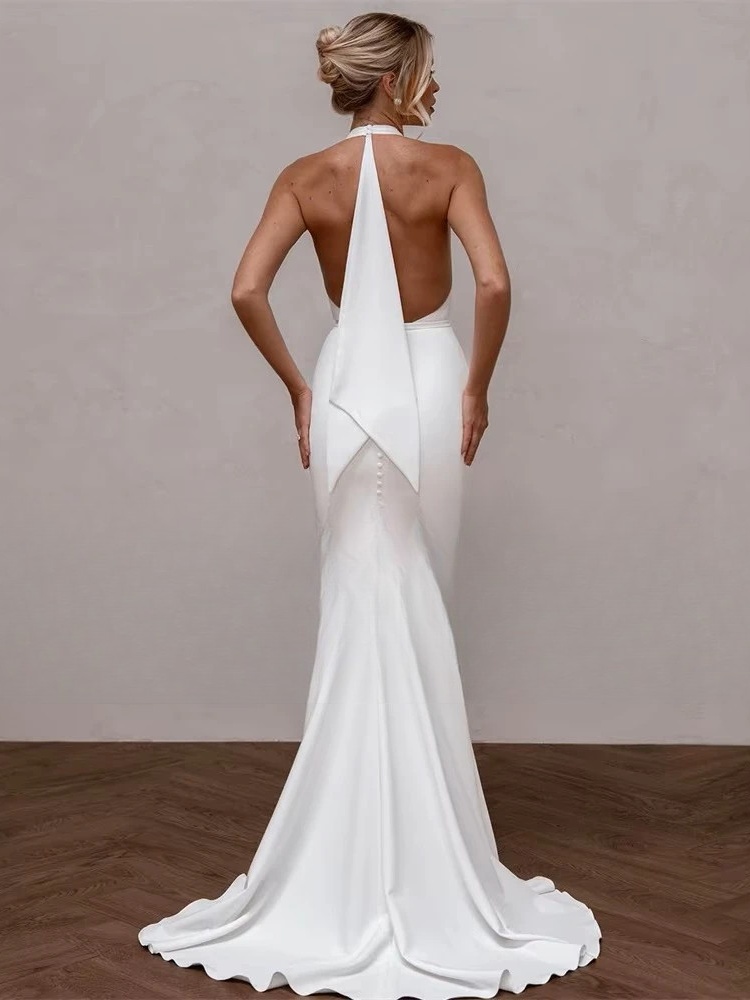 Elegant Mermaid Wedding Dress V-Neck Halter Open Back Simple Buttons Pleat Bridal Gown Sweep Train Vestidos De Noiva Customized 2 Elegant Mermaid Wedding Dress V-Neck Halter Open Back Simple Buttons Pleat Bridal Gown Sweep Train Vestidos De Noiva Customized - immagine 2