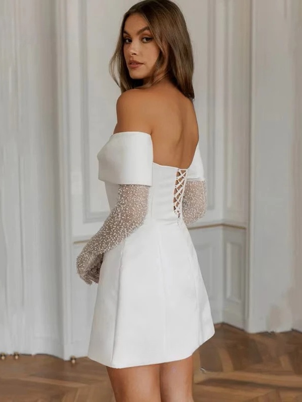 Simple A-Line Mini Wedding Dresses Elegant Long Sleeves Pleat Pearls Strapless Sexy Backless with Lace Up Short Gowns Customized 2 Simple A-Line Mini Wedding Dresses Elegant Long Sleeves Pleat Pearls Strapless Sexy Backless with Lace Up Short Gowns Customized - immagine 2