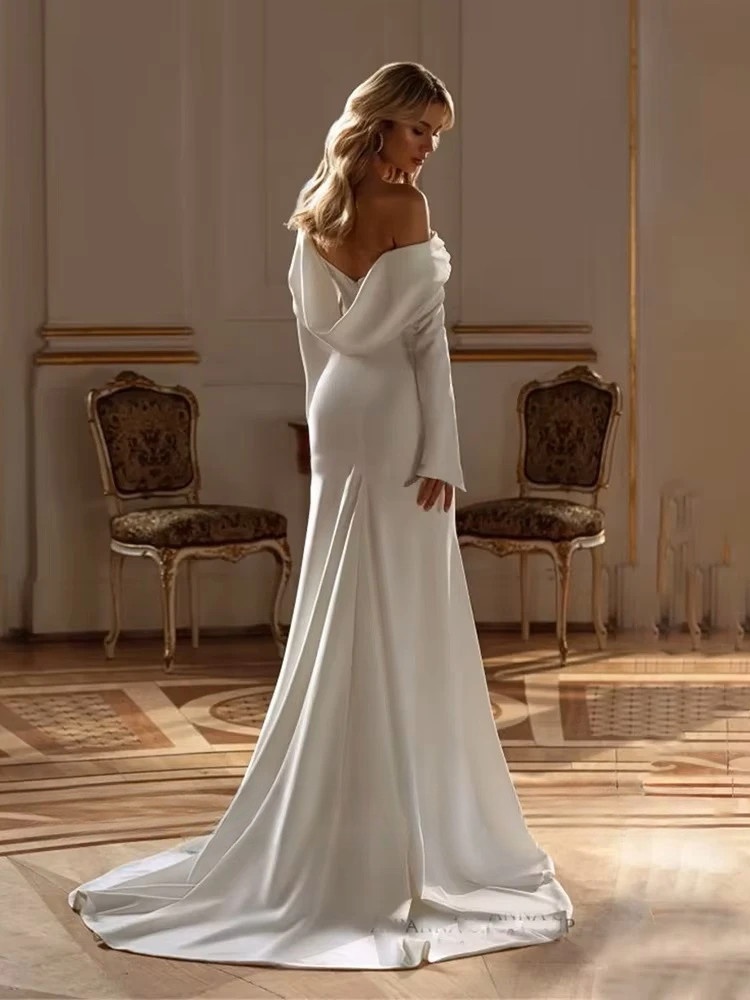 Modern Long Sleeves Mermaid Wedding Dress 2025 Off The Shoulder Pleat Open Back Train Bridal Gown Vestido De Noiva Customized 2 Modern Long Sleeves Mermaid Wedding Dress 2025 Off The Shoulder Pleat Open Back Train Bridal Gown Vestido De Noiva Customized - immagine 2