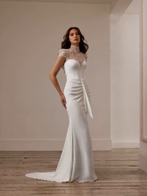 SoDigne Mermaid Lace/Satin  Bride Dresses High Neck Short Sleeves Wedding Dress Long Bridal Gowns vestidos de novia Customized